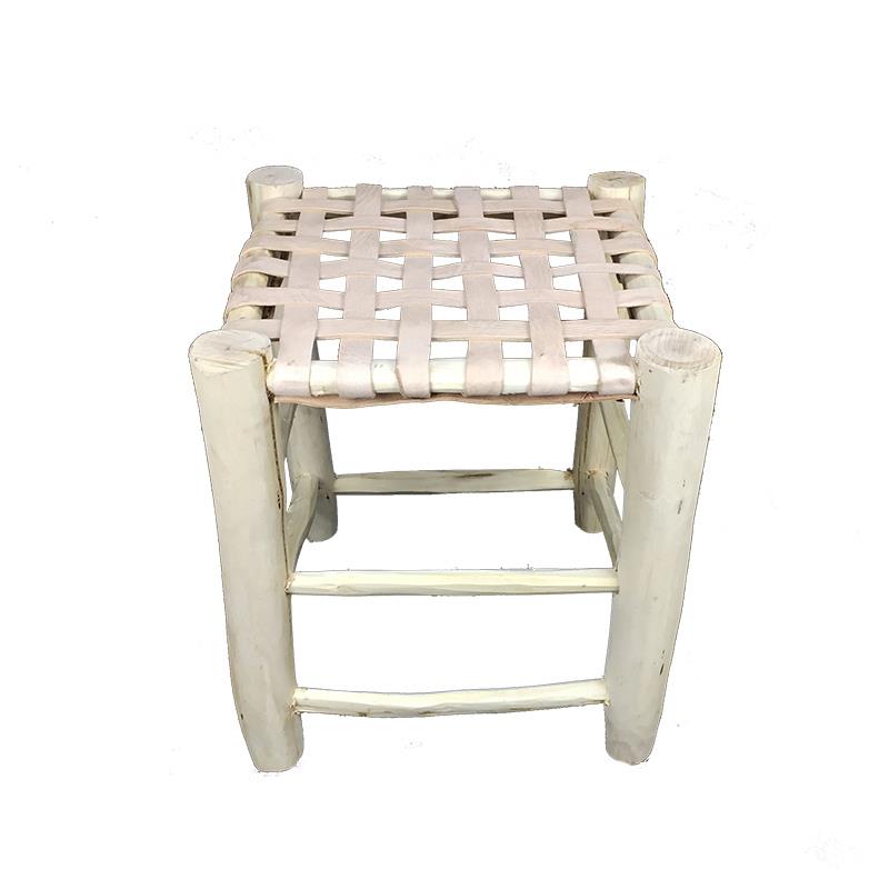 Sgabello sedia marocchino in legno di pioppo e seduta in pelle naturale